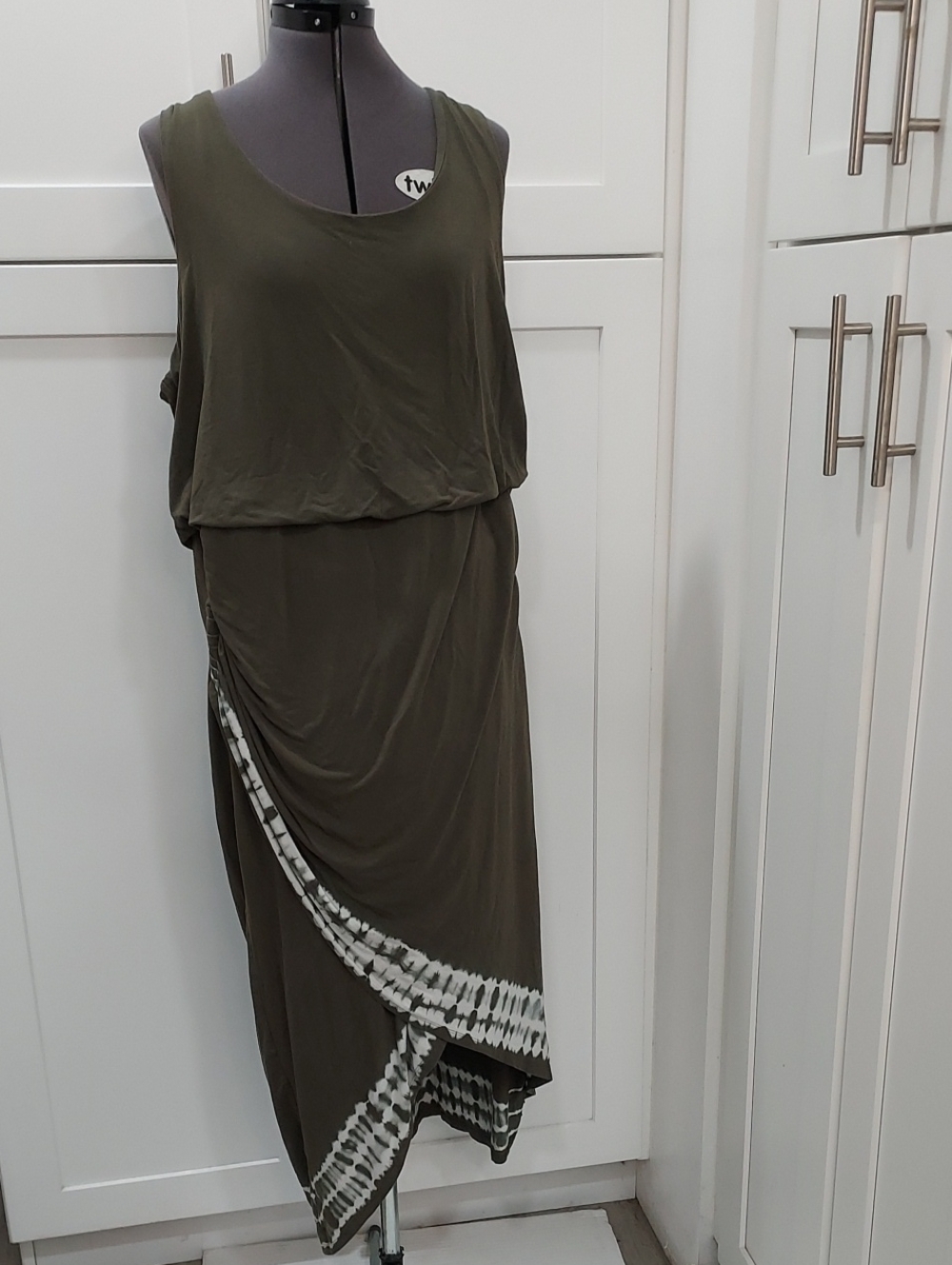 Chico's Olive Green Sleeveless High-Low Dress with Tie-Dye Trim